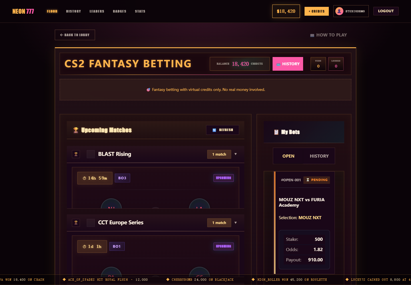 NEON 777 Casino Platform: CS2 fantasy betting board