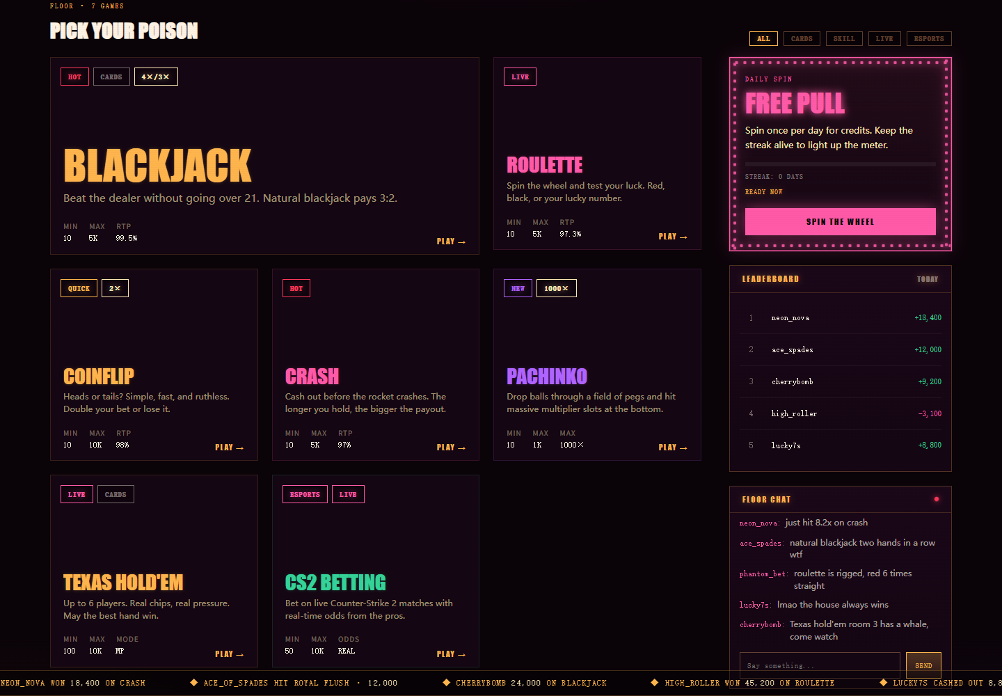 NEON 777 Casino Platform: Seven-game lobby and social sidebar