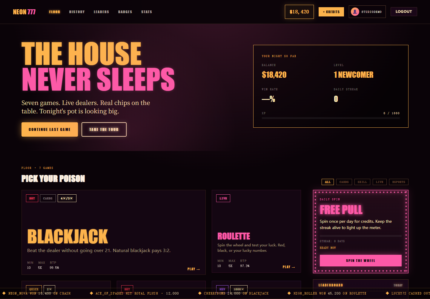 NEON 777 Casino Platform product interface