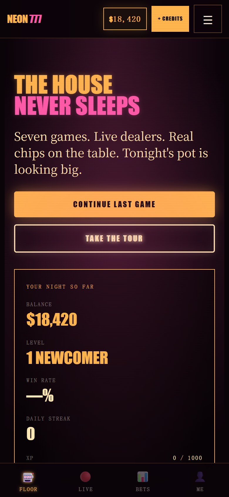 NEON 777 Casino Platform mobile interface