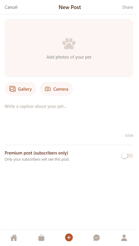 OnlyPets New Post composer with photo library, camera, caption and subscriber-only post controls.