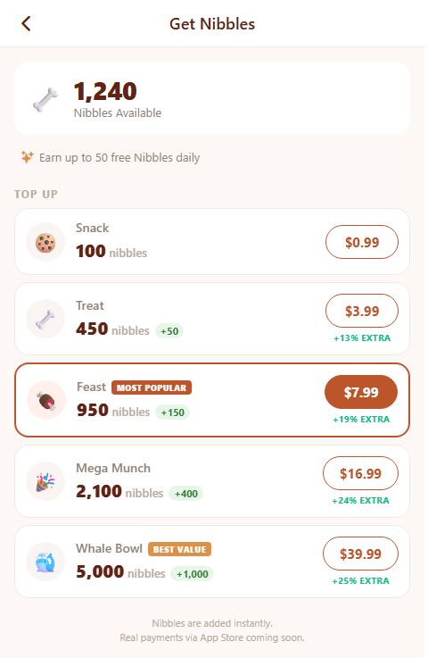 Only Pets: Nibbles top-up and monetization surface