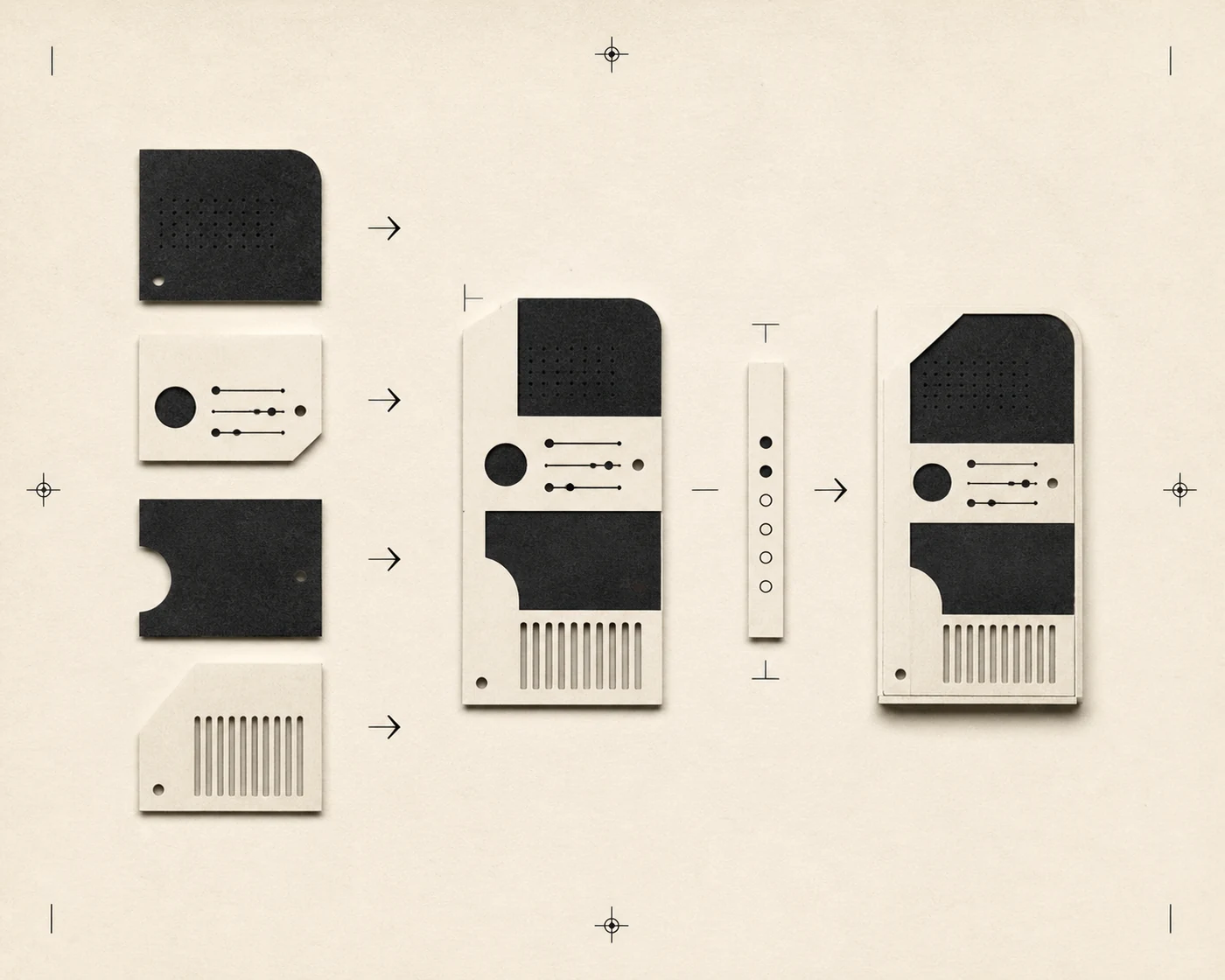Editorial assembly diagram showing separate product pieces becoming one working slice