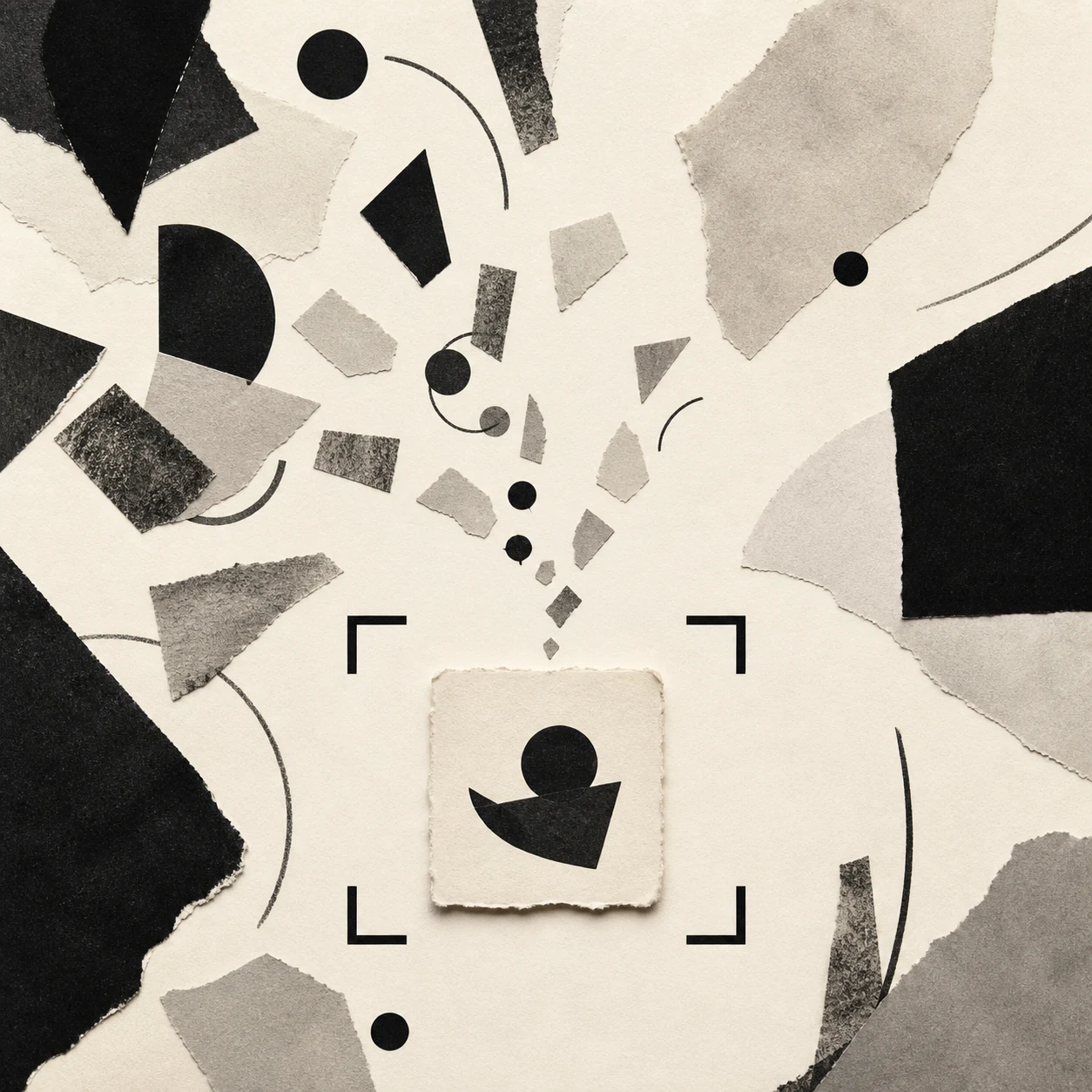 Editorial collage showing scattered possibilities narrowed into one framed proof