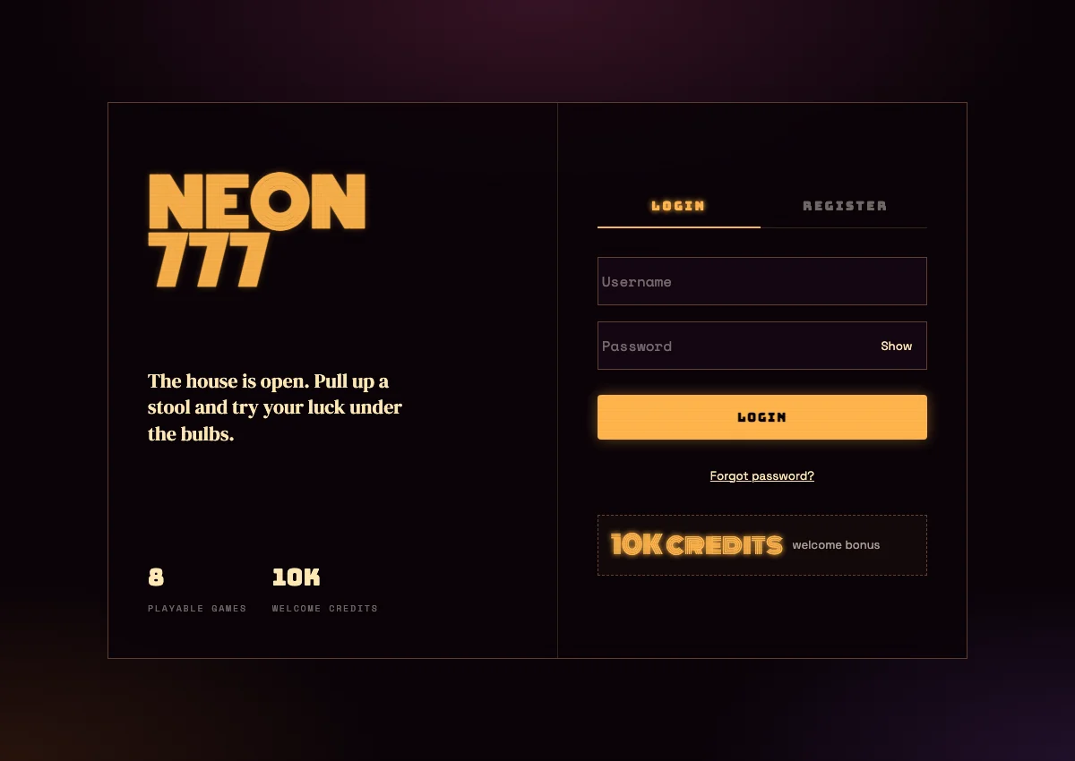NEON 777 public sign-in page, captured September 2026